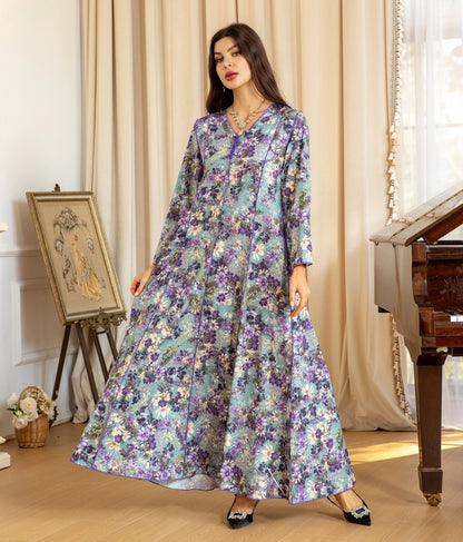 Elegant Floral Muslim Dress - Purple