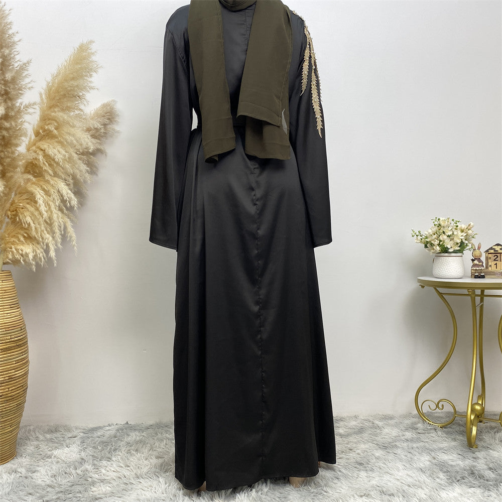 Elegant Pearl-Embellished Patchwork Modest Abaya Dress