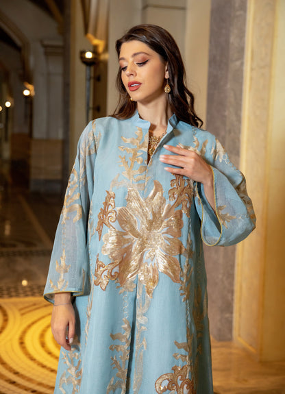 Luxury Gold Emboridered Patchwork Evening Dress - SkyBlue