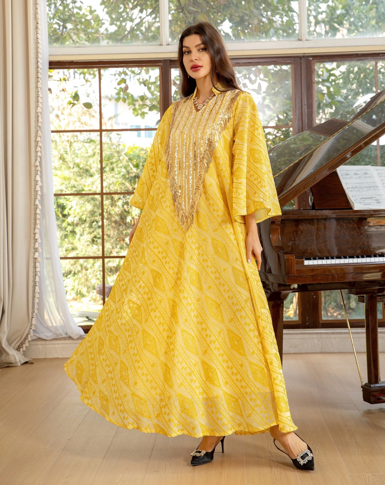 Holy Flared Sleeves Wide Dress - Yellow