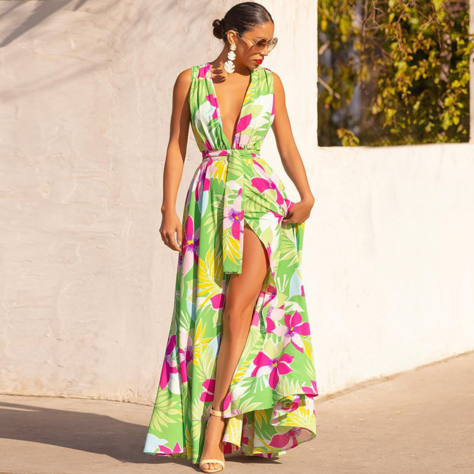 V-neck Floral High Waist Split Dress