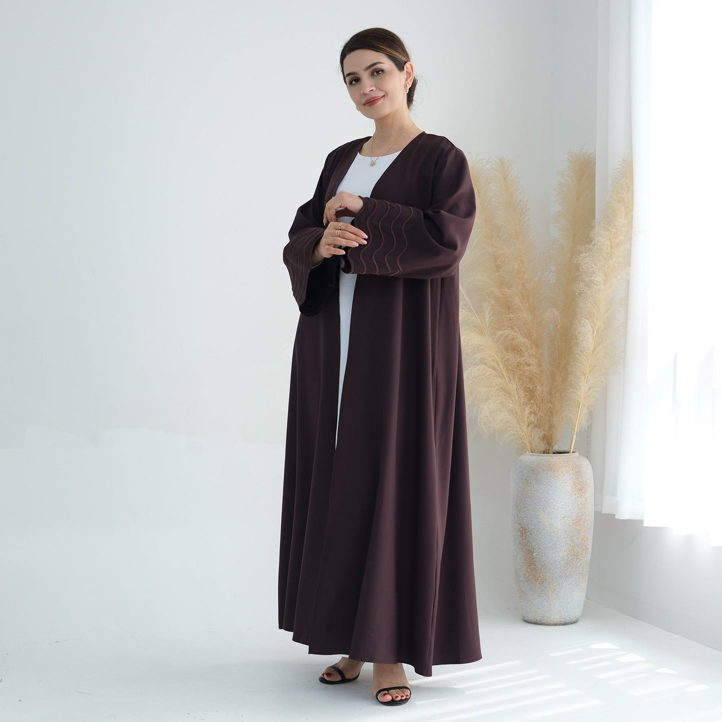 Women's Plain Embroidered Robe Open Abaya