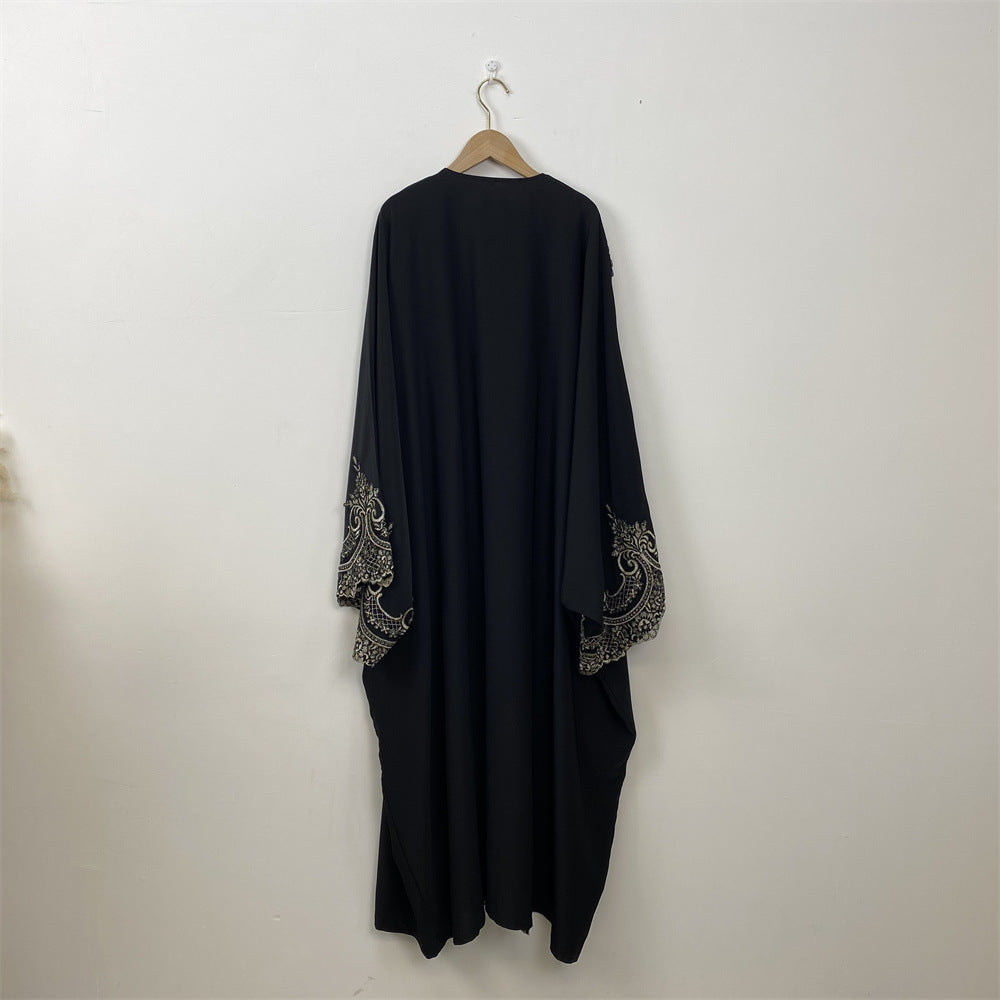 Lace Patchwork Batwing Sleeve Robe Open Abaya