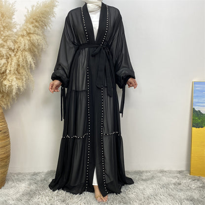 Plain Beaded Strappy Chiffon Robe Dress