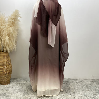 Gradient Bat Sleeve Robe Dress Sets with Hijab