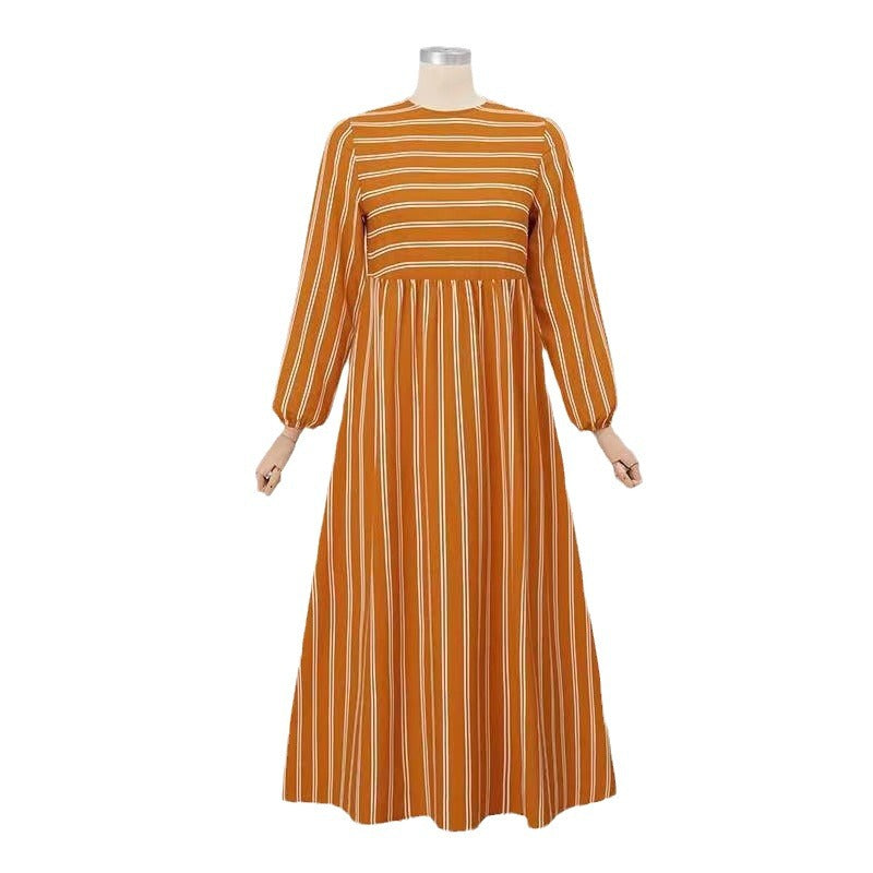 Women's Striped Loose Round Neck Long Sleeved Dress