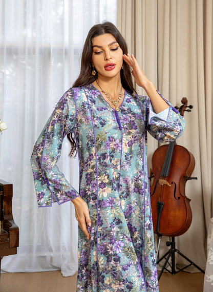 Elegant Floral Muslim Dress - Purple