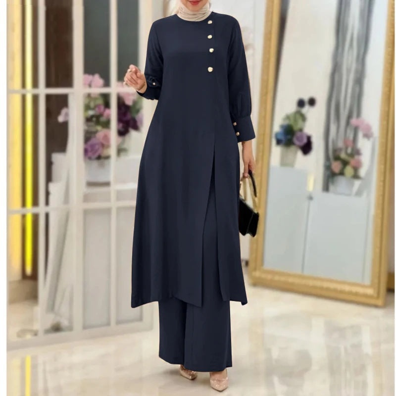 Womens Chic Two Piece Set Long Shirt with Side Slit Wide Leg Pants