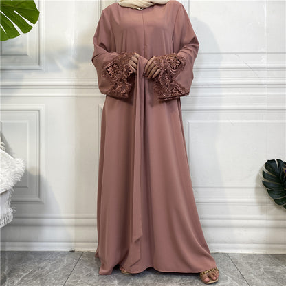 Modest Plain Floral Lace Zip-up Abaya Dress