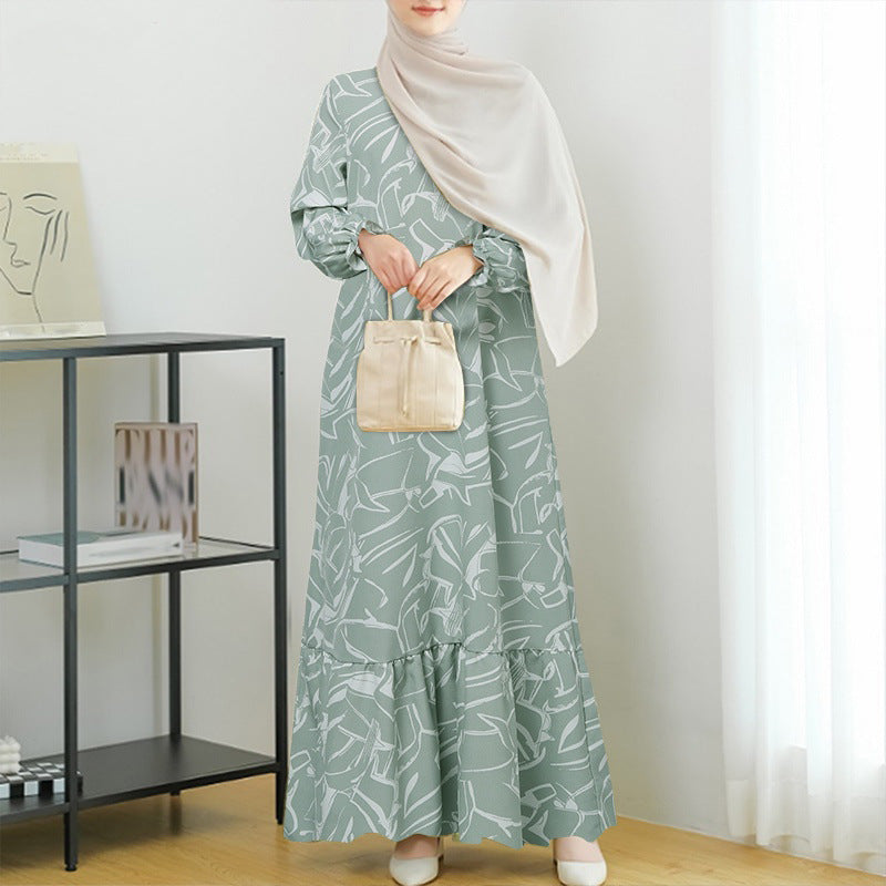 Women's Geometric Print Ruffle Abaya Dress