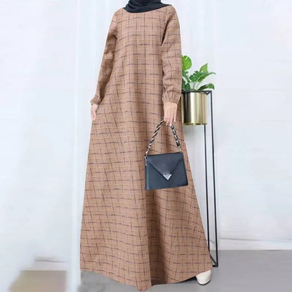 Women's Plaid Crewneck Modest Dress