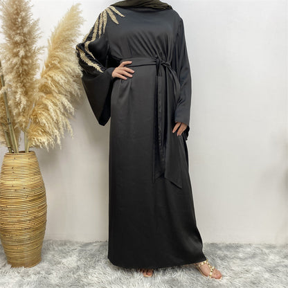 Elegant Pearl-Embellished Patchwork Modest Abaya Dress