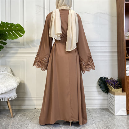 Modest Plain Floral Lace Zip-up Abaya Dress