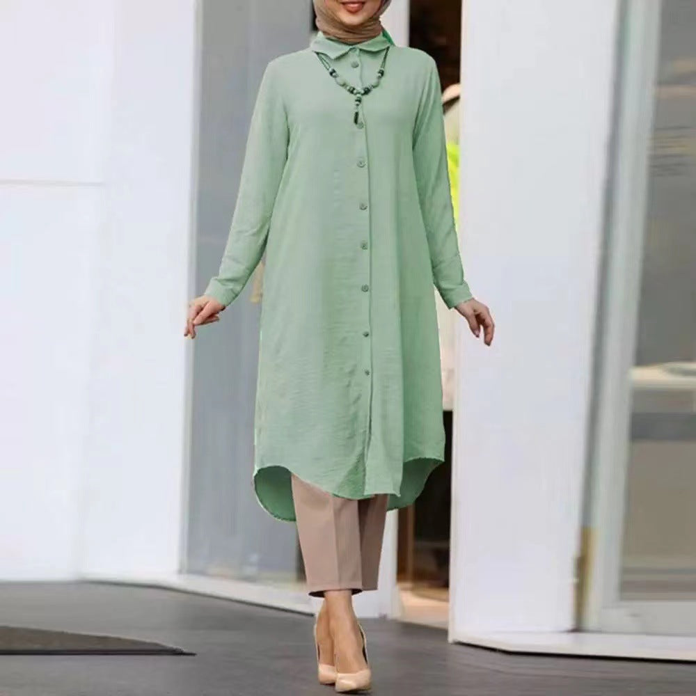 Women's Lapel Button Shirt Sleeve Modest Dress