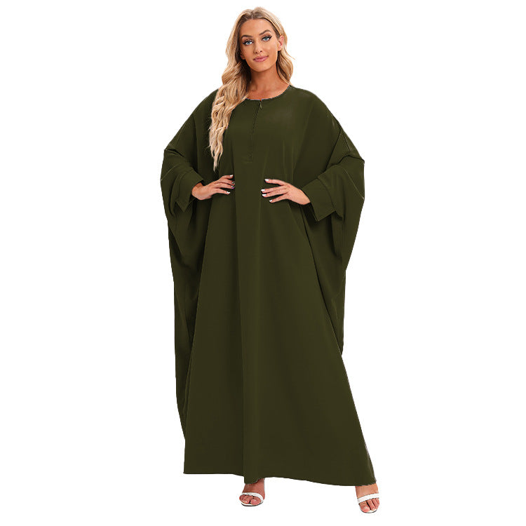 Plain Zipper Bat Sleeve Abaya Dress