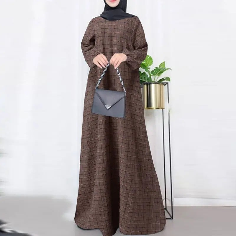 Women's Plaid Crewneck Modest Dress