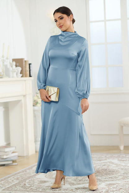 Modest High Neck Long Sleeve Satin Maxi Dress