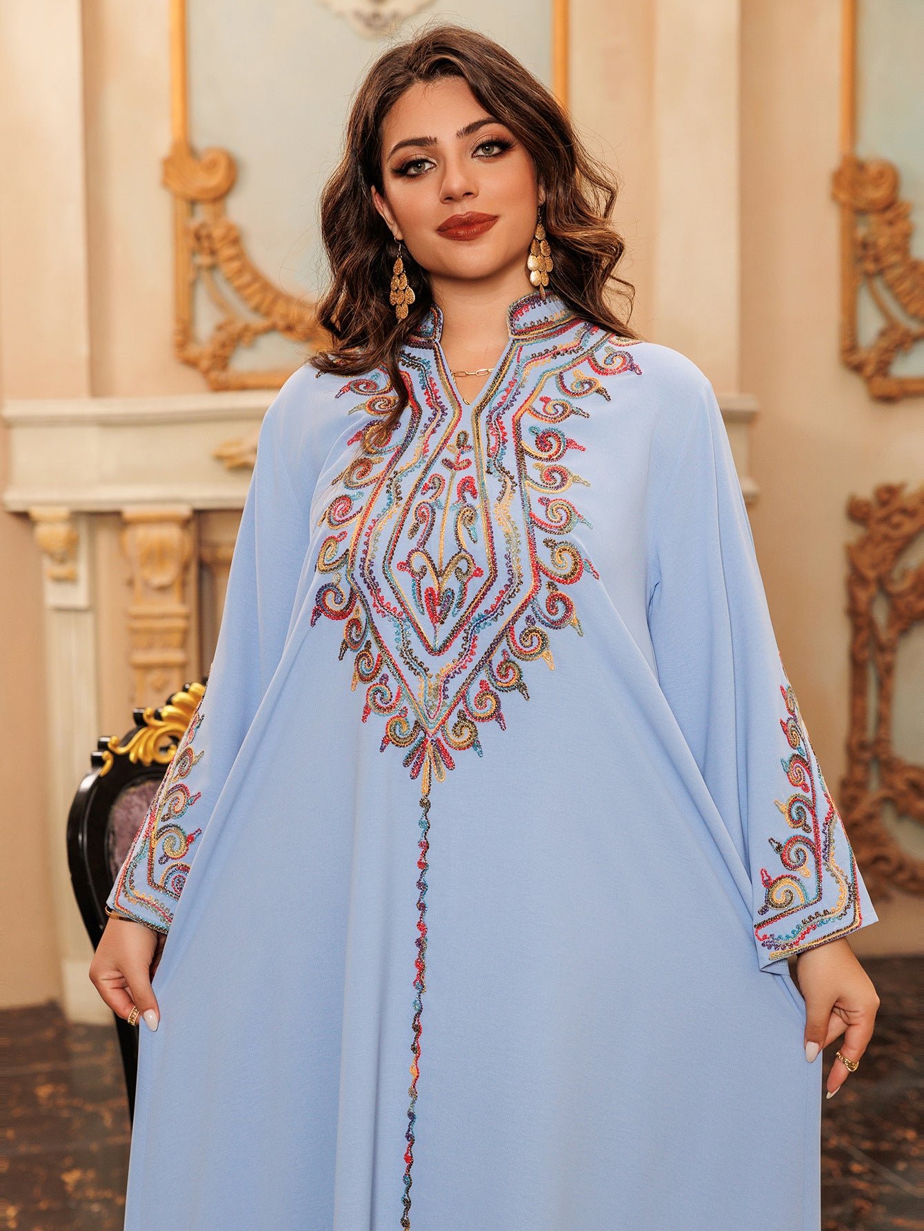 Stylish Floral Long Sleeve Dress - Blue