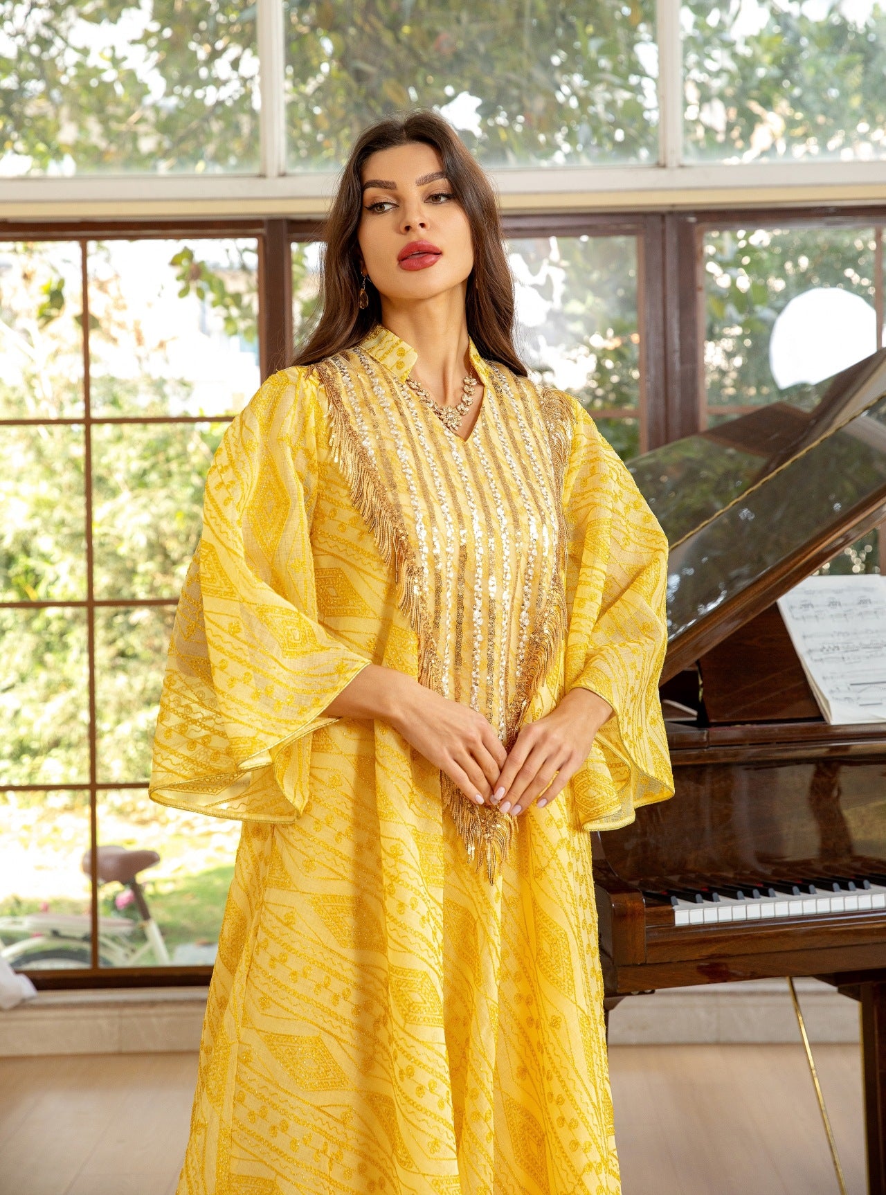 Holy Flared Sleeves Wide Dress - Yellow