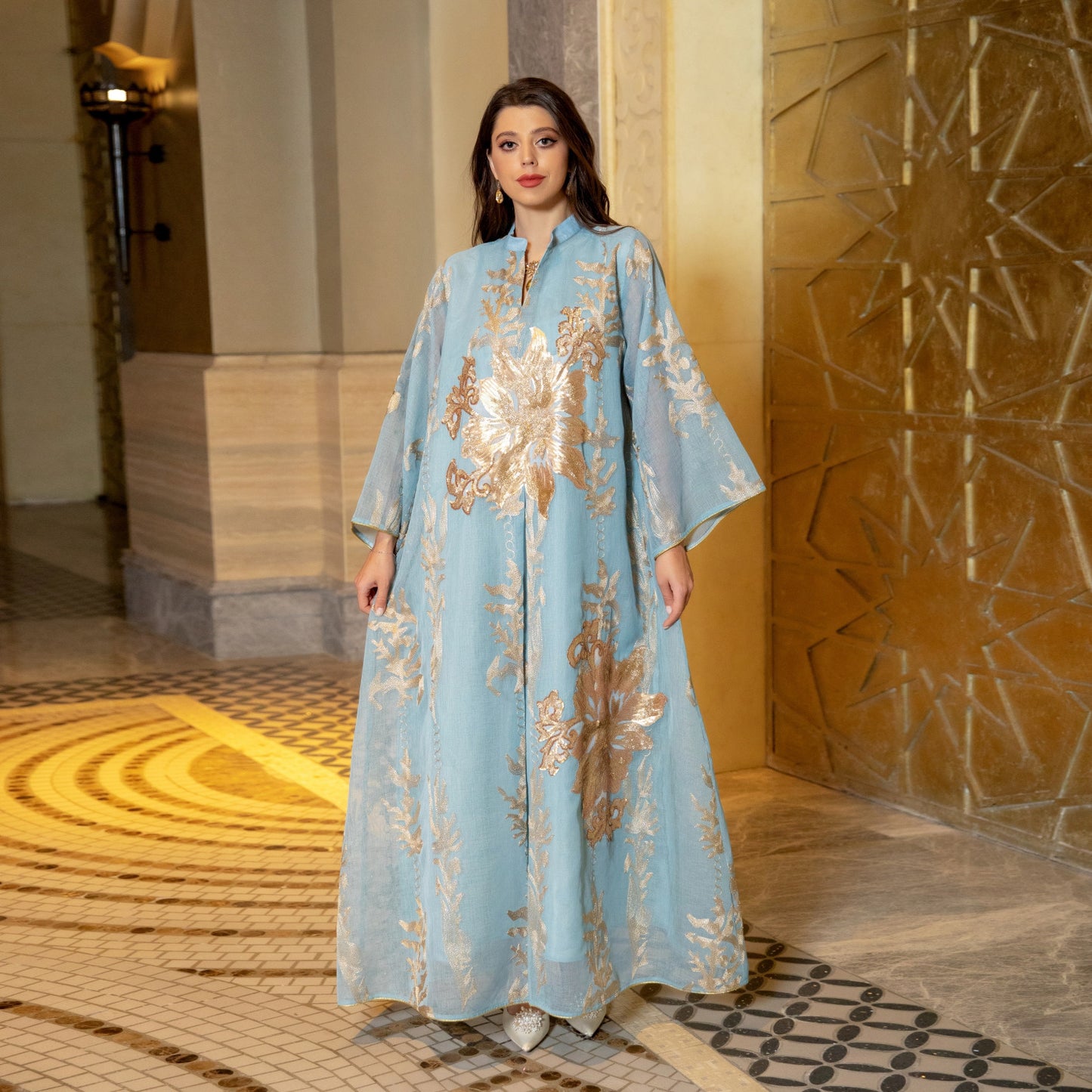 Luxury Gold Emboridered Patchwork Evening Dress - SkyBlue