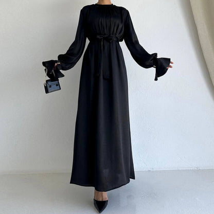 Women's Satin Waist Tie Elegant Abaya Dress