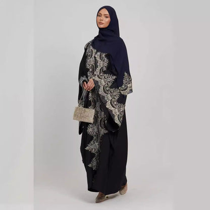 Lace Patchwork Batwing Sleeve Robe Open Abaya