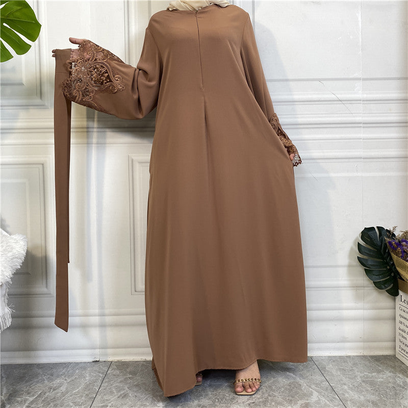 Modest Plain Floral Lace Zip-up Abaya Dress