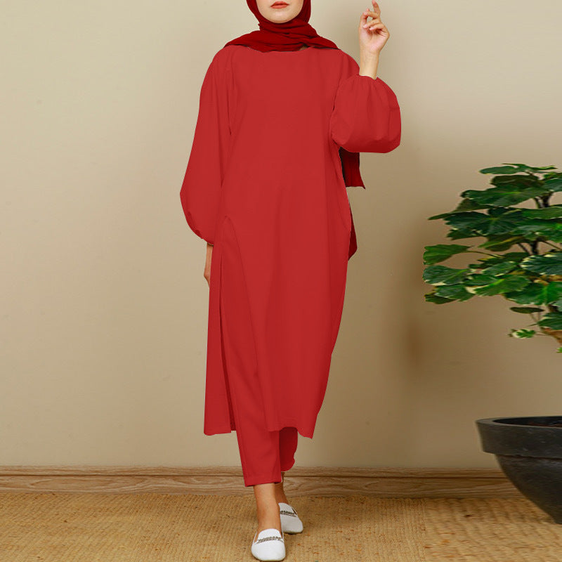 Plain Long-sleeved Crewneck Trouser Sets