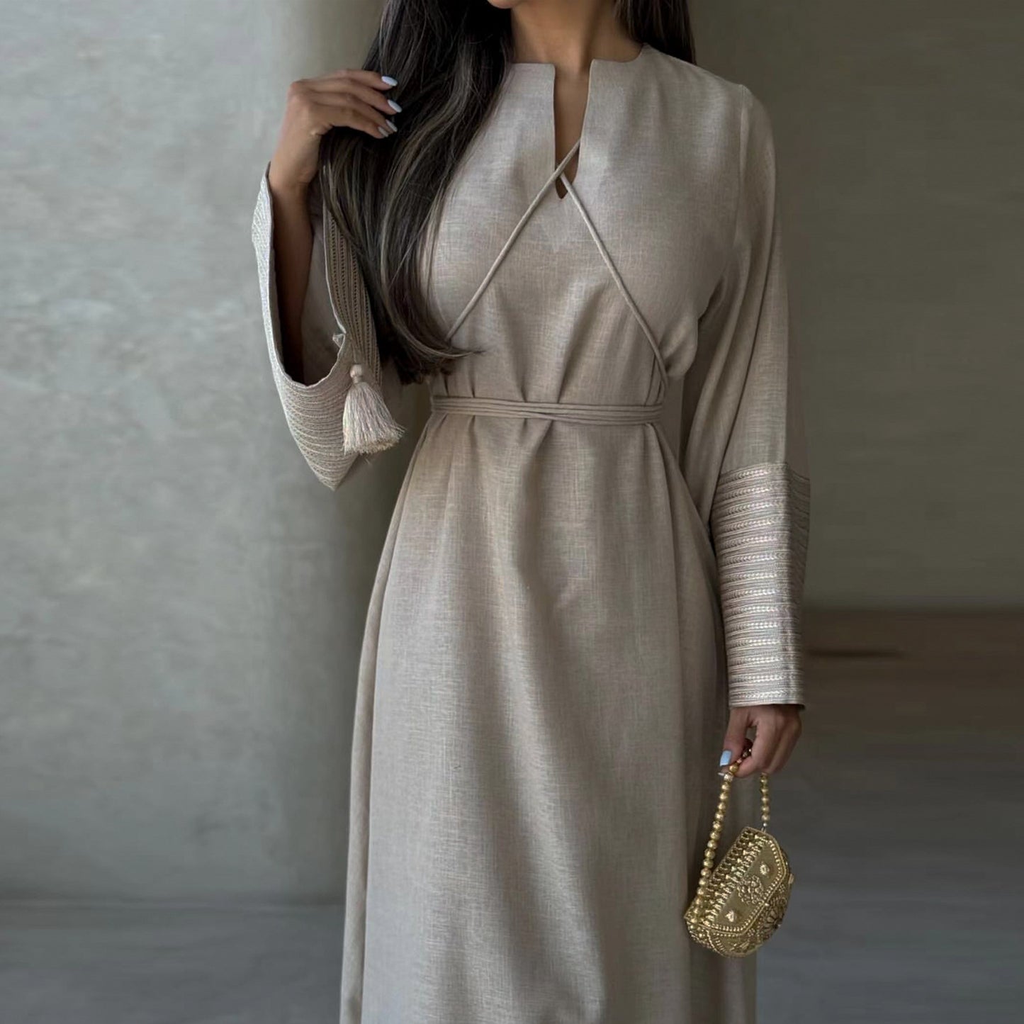 Modest Embroidery Elegant Abaya Dress - Grey