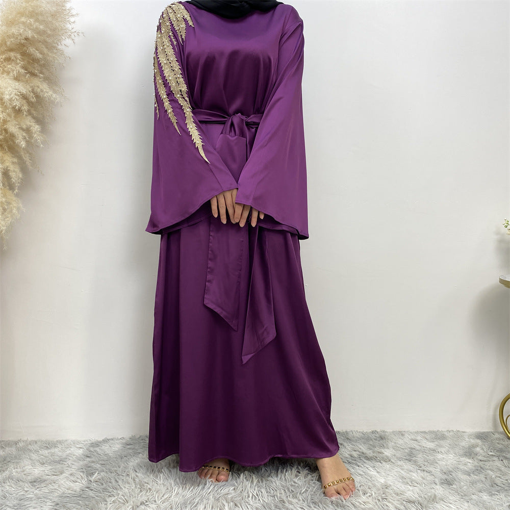 Elegant Pearl-Embellished Patchwork Modest Abaya Dress