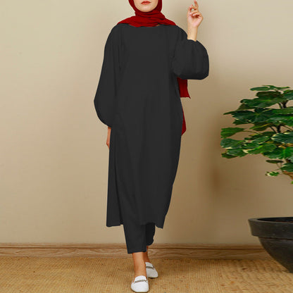 Plain Long-sleeved Crewneck Trouser Sets