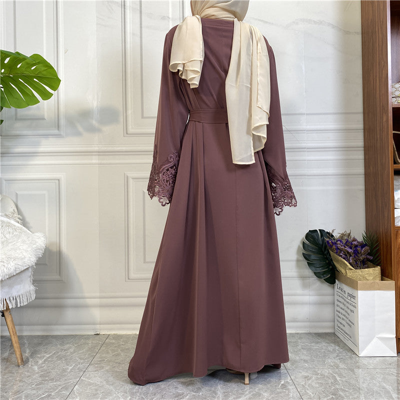 Modest Plain Floral Lace Zip-up Abaya Dress