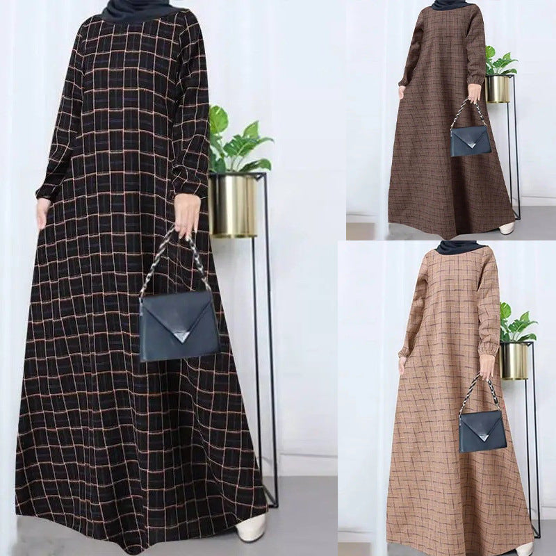 Women's Plaid Crewneck Modest Dress