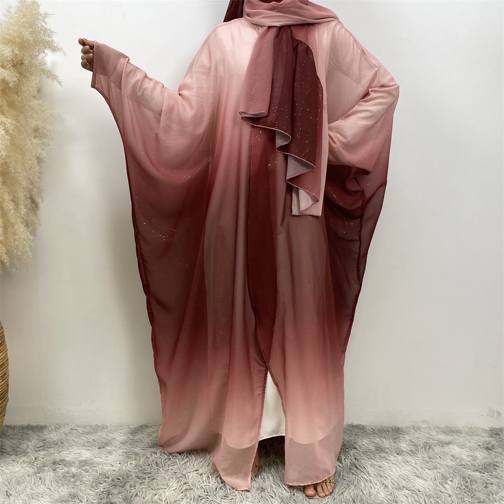 Gradient Bat Sleeve Robe Dress Sets with Hijab