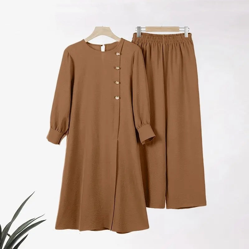 Womens Chic Two Piece Set Long Shirt with Side Slit Wide Leg Pants