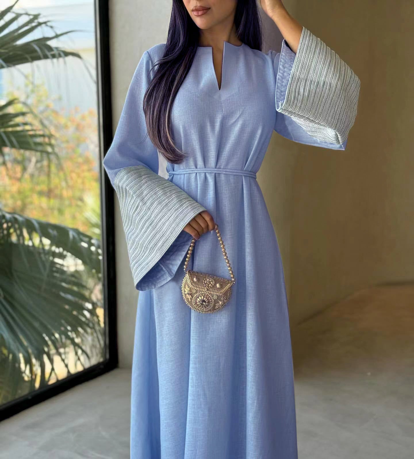 Modest Embroidery Elegant Abaya Dress - LightBlue