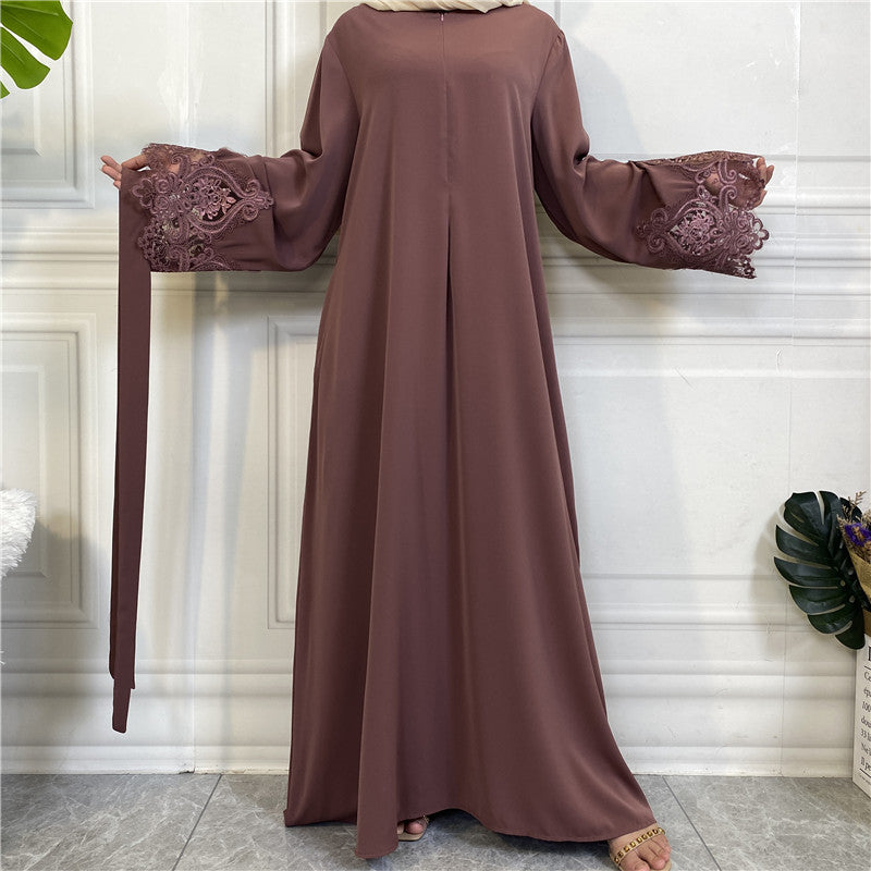 Modest Plain Floral Lace Zip-up Abaya Dress