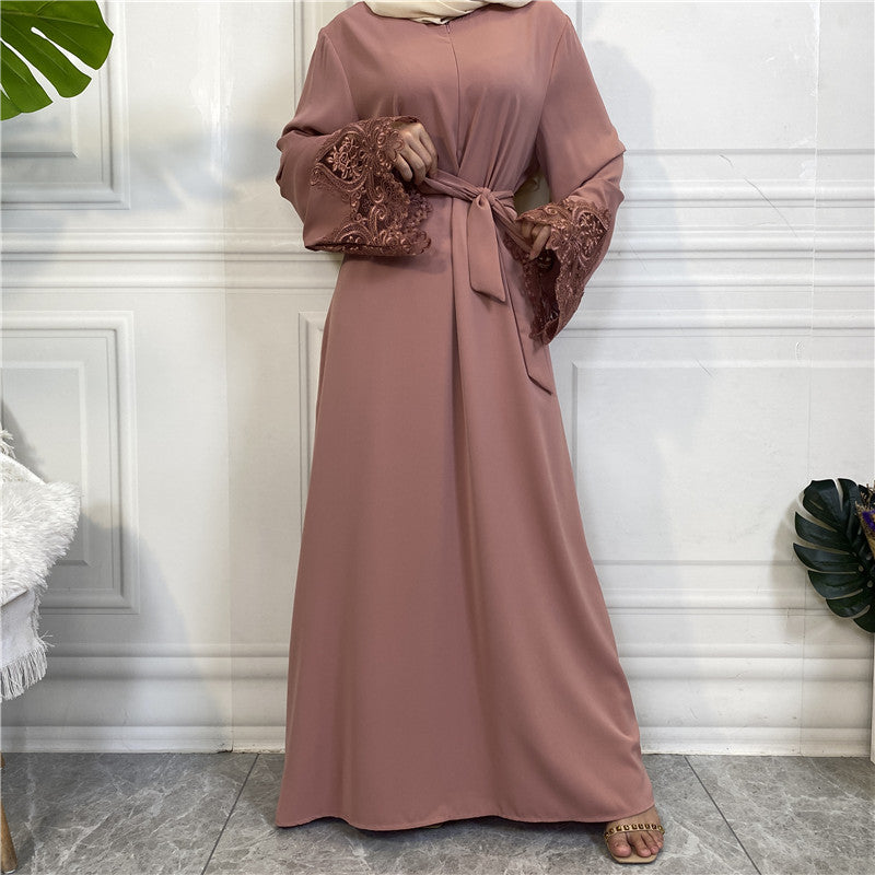 Modest Plain Floral Lace Zip-up Abaya Dress