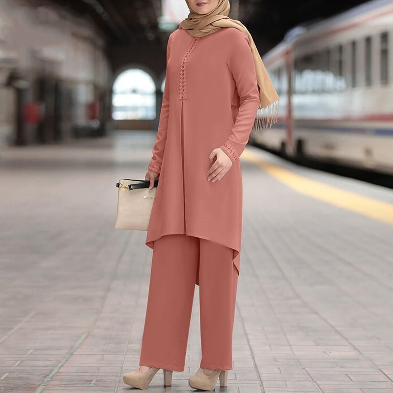 Women Plain Lace Blouse Pants Two-piece Suits Set