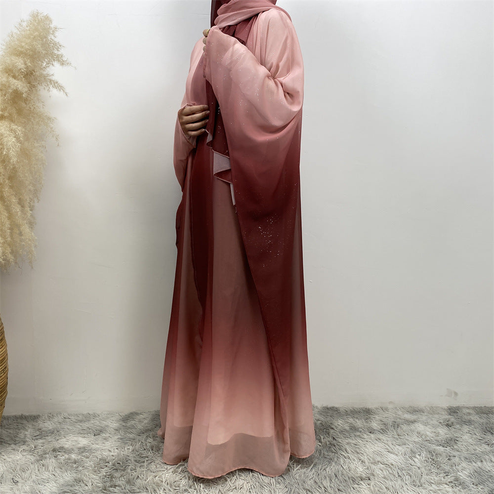 Gradient Bat Sleeve Robe Dress Sets with Hijab