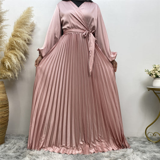 Modest V-neck Patchwork Pleated Long Dress