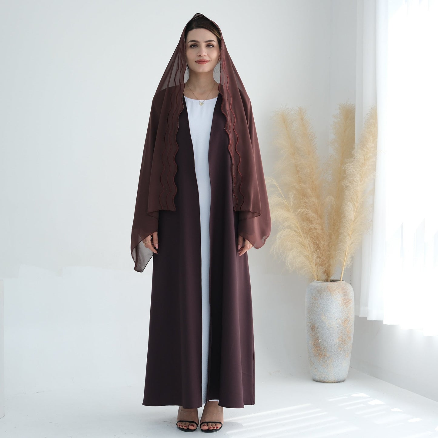 Women's Plain Embroidered Robe Open Abaya