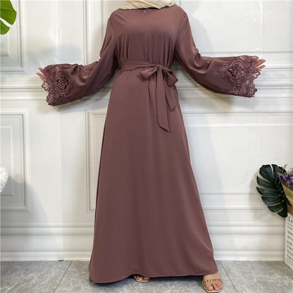 Modest Plain Floral Lace Zip-up Abaya Dress