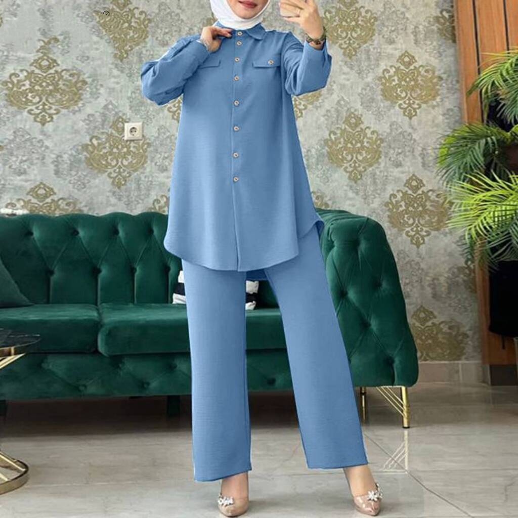 Plain Long-sleeved Shirt Trousers Two-piece Set