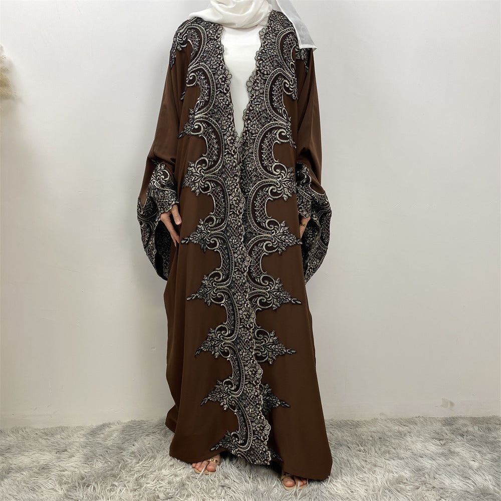 Lace Patchwork Batwing Sleeve Robe Open Abaya