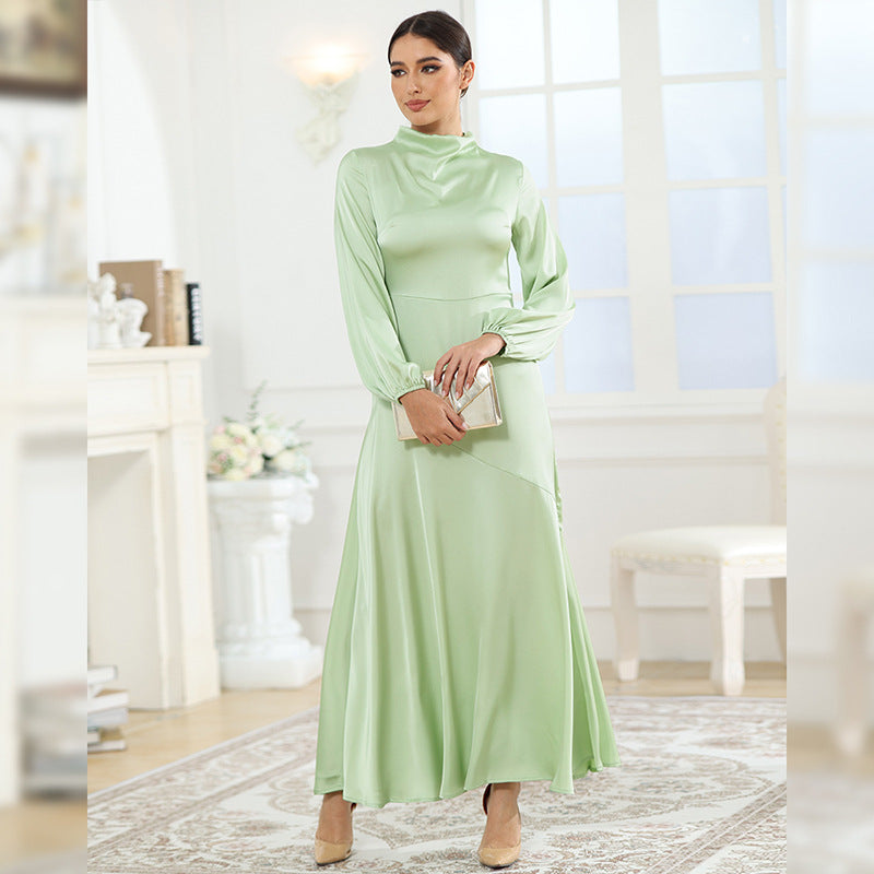 Modest High Neck Long Sleeve Satin Maxi Dress