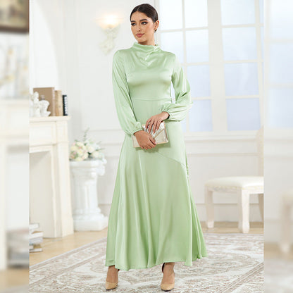 Modest High Neck Long Sleeve Satin Maxi Dress