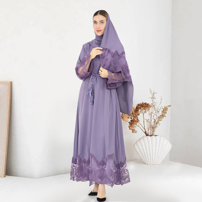 Plain Embroidery Lace Abaya Dress