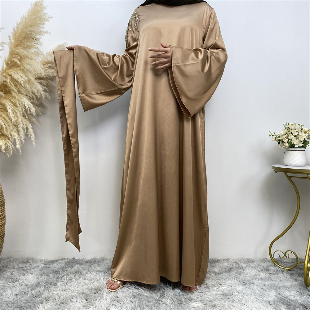 Elegant Pearl-Embellished Patchwork Modest Abaya Dress