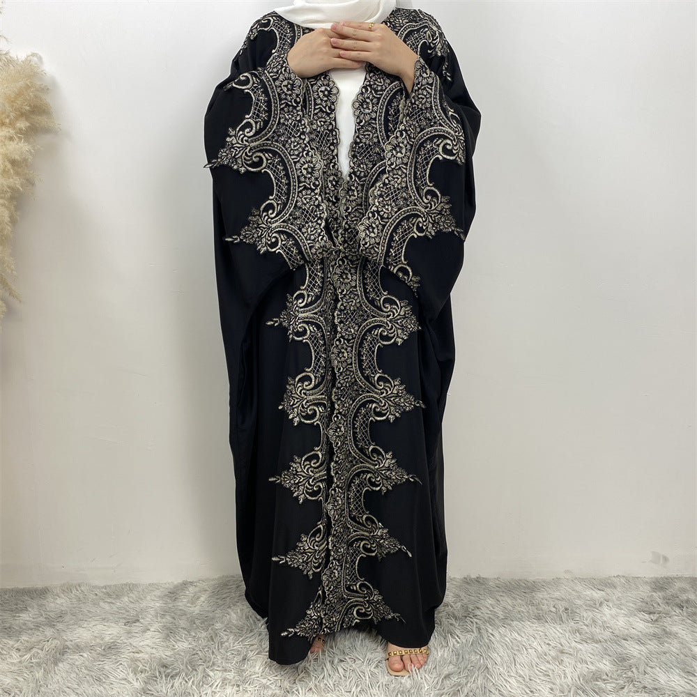 Lace Patchwork Batwing Sleeve Robe Open Abaya